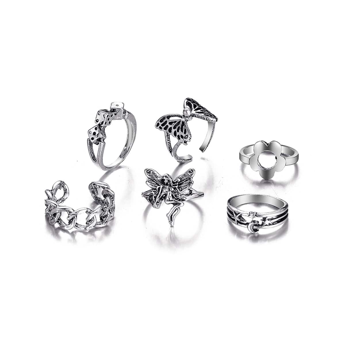 Silvertone Butterfly & Fairy Ring Set