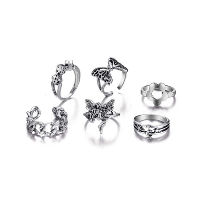 Silvertone Butterfly & Fairy Ring Set