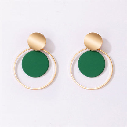 Green Enamel & Goldtone Circle Drop Earring