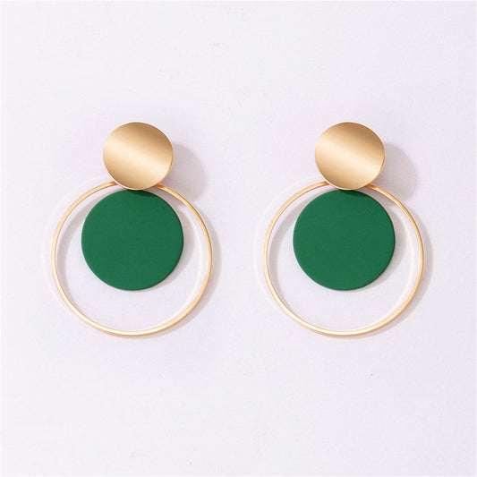 Green Enamel & Goldtone Circle Drop Earring