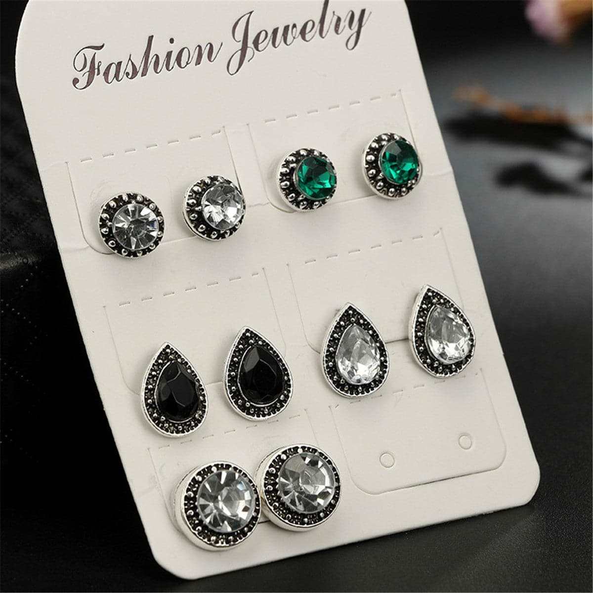 Green Crystal & Silvertone Stud Earrings Set
