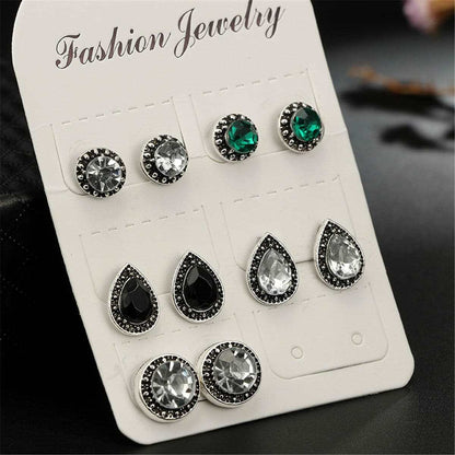 Green Crystal & Silvertone Stud Earrings Set