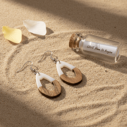 White Resin & Wood Silvertone Open Irregular Oval Hook Earrings