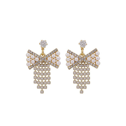 Pearl & Cubic Zirconia Goldtone Bow Tassel Drop Earrings