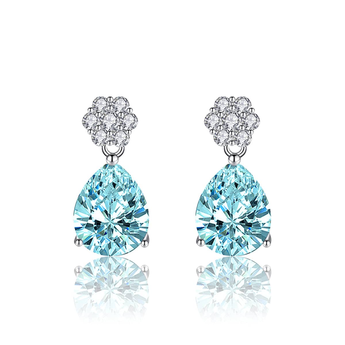 Cubic Zirconia & Sea Blue Crystal Floral Drop Earrings