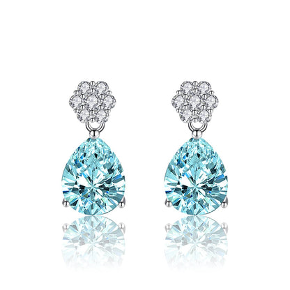 Cubic Zirconia & Sea Blue Crystal Floral Drop Earrings