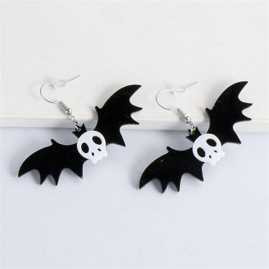 Black Acrylic & Silvertone Bat Drop Earrings