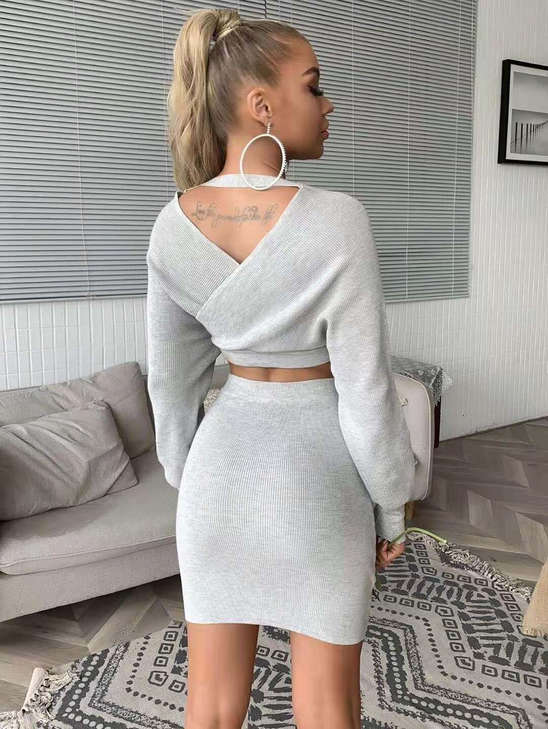 Long Sleeve Sweater Two Piece Mini Skirt
