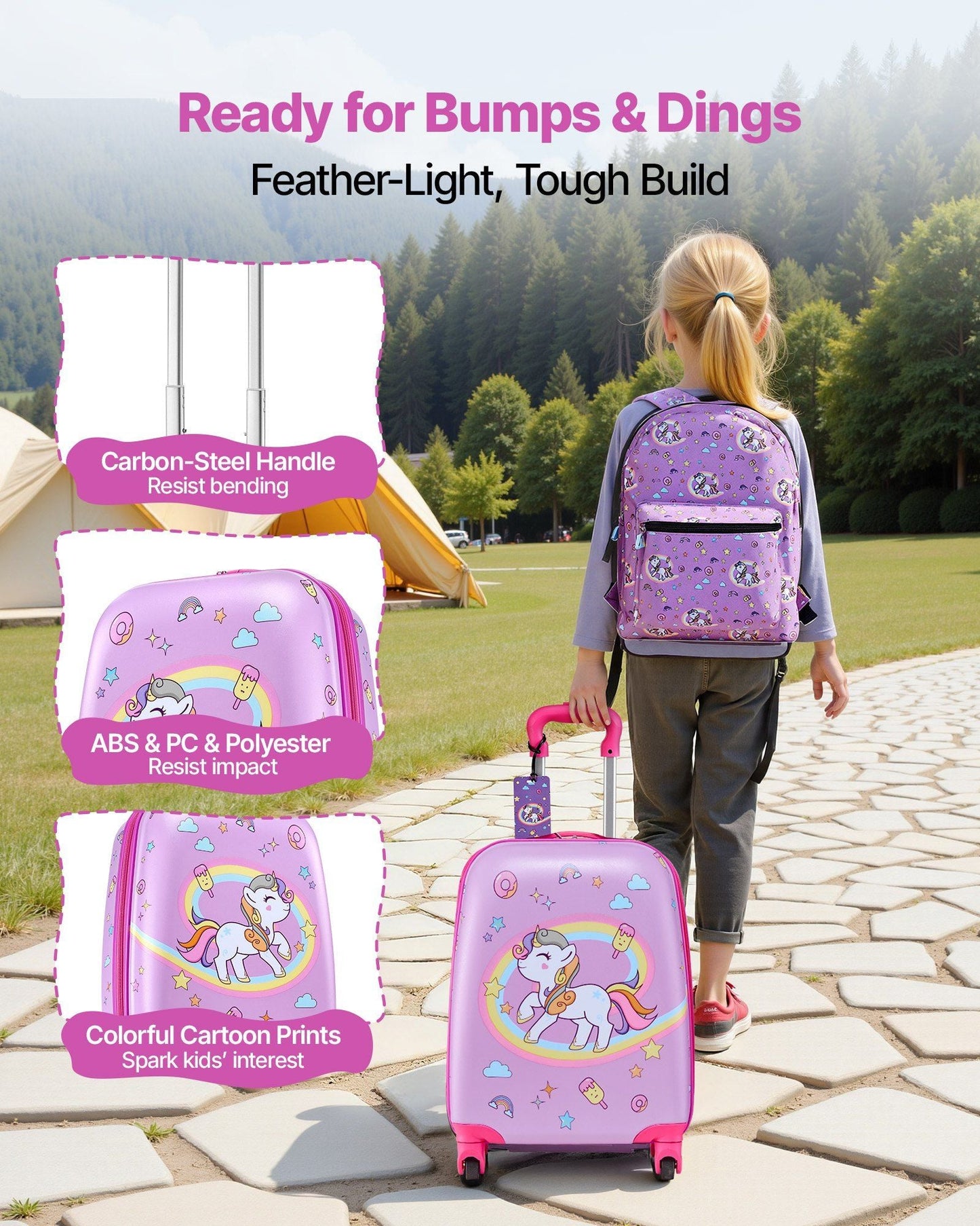 Kids Luggage Set, 5 Piece, 18 Inch Hardside Rolling Wheels Suitcase with Backpack & U-shape Pillow, Unicorn Kids Carry on Luggage Set, Holiday Birthday Gift for Girls Boys, Airline Approved