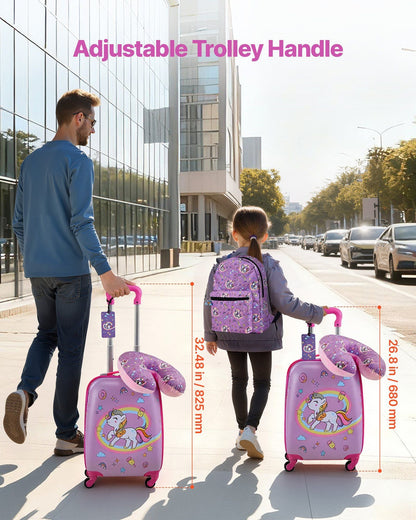 Kids Luggage Set, 5 Piece, 18 Inch Hardside Rolling Wheels Suitcase with Backpack & U-shape Pillow, Unicorn Kids Carry on Luggage Set, Holiday Birthday Gift for Girls Boys, Airline Approved