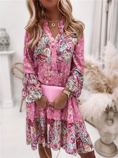 Floral Print Ruffle Hem Dress; Boho Holiday Long Sleeve V-neck Dress; Women's Clothing