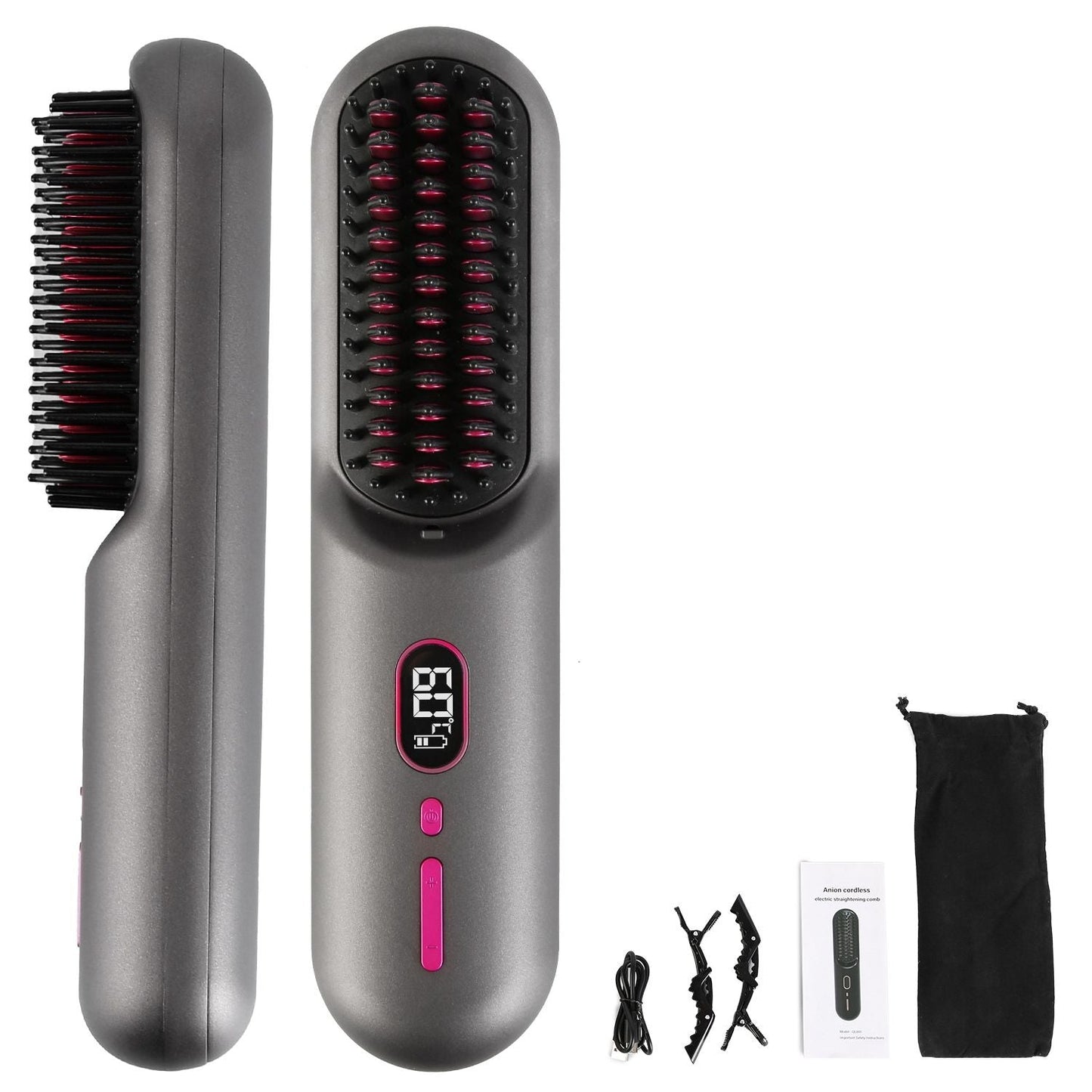Cordless Negative Ion Hair Straightener Brush Rechargeable Mini Styling Comb with 12 Heating Levels Anti-scald 30S Preheating 30Mins Auto Sleep LCD Display
