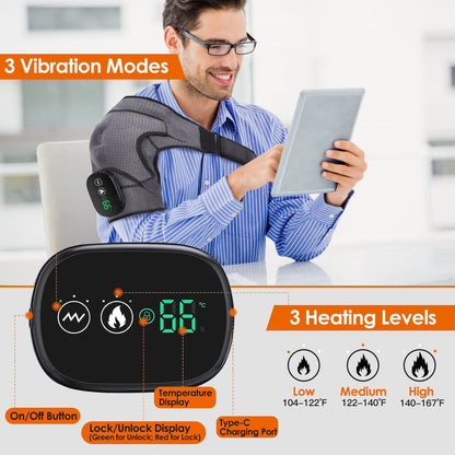 Cordless Shoulder Heating Pad Rechargeable Heated Shoulder Wrap Massager Shoulder Brace Supports with 3 Heating Levels 3 Vibration Modes for Left Right Shoulder