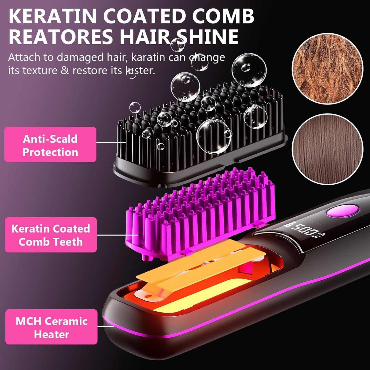 Hair Straightener, Cordless Hair Straightening Brush Portable Cordless Comb with Base Negative Ion Rechargeable Brush for Frizz-Free Shine Straightening, 6400mAh Fast Heating (Black)