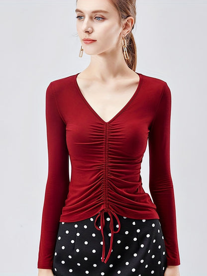 Solid Drawstring Ruched V-neck T-Shirt, Casual Long Sleeve T-Shirt For Spring & Fall, Women's Clothing