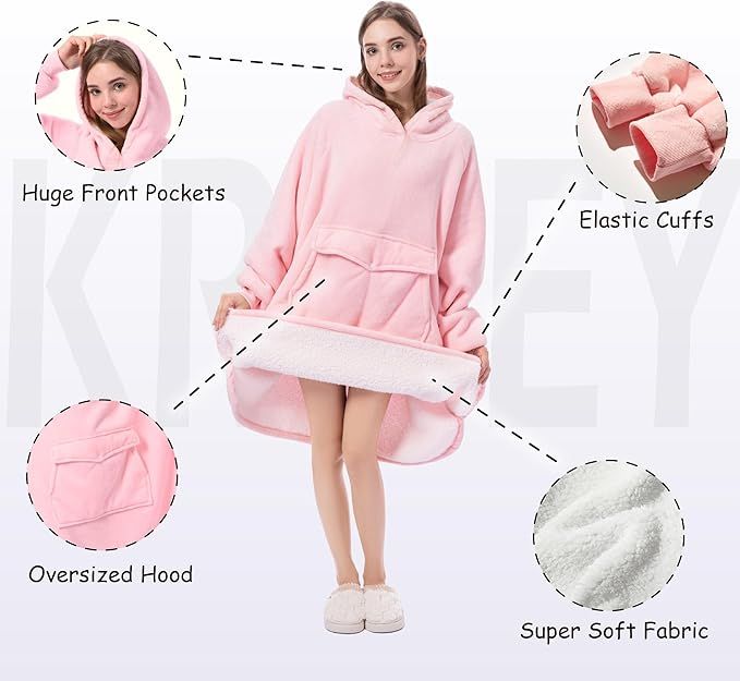 Krifey Wearable Blanket Hoodie, Oversized Sherpa Hooded as Birthday Gifts Christmas Gifts for Mom Women Girlfriend Men, Cozy Sweatshirt with Giant Pocket