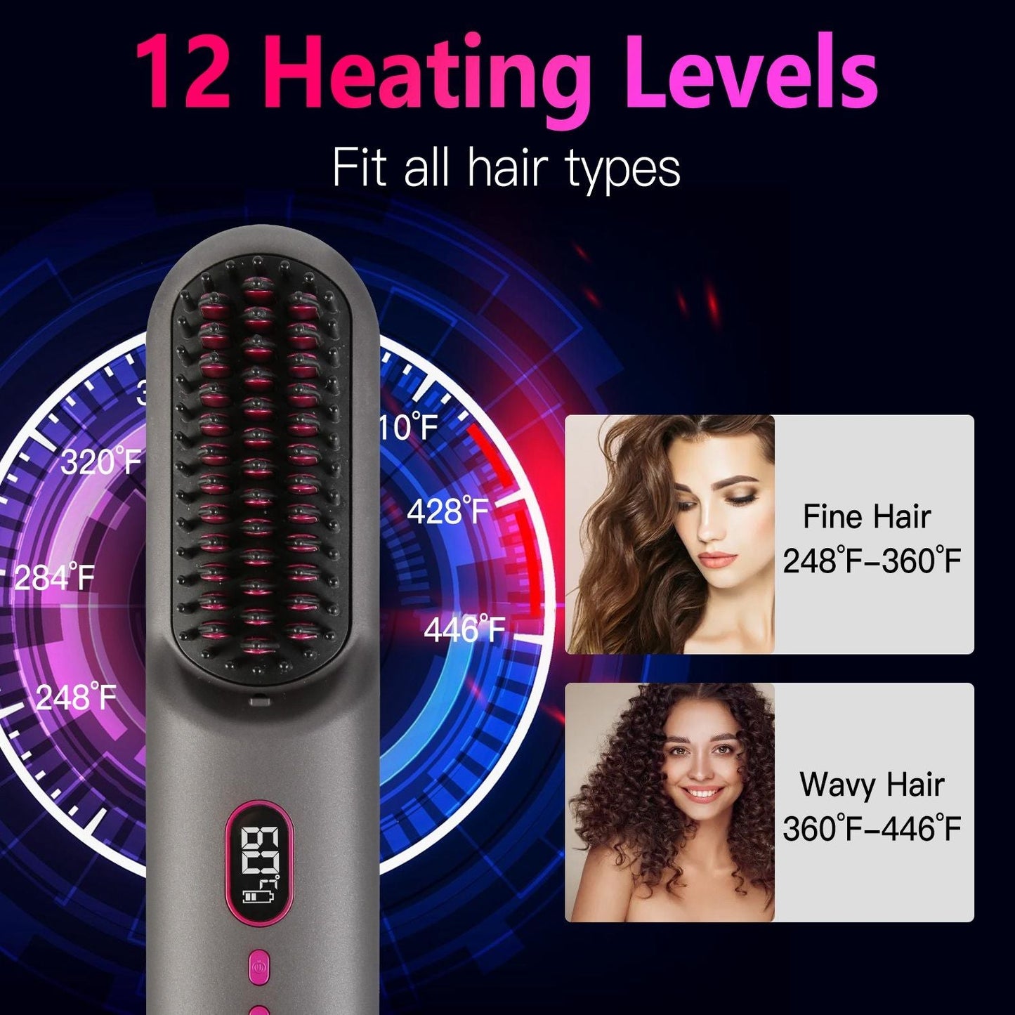 Cordless Negative Ion Hair Straightener Brush Rechargeable Mini Styling Comb with 12 Heating Levels Anti-scald 30S Preheating 30Mins Auto Sleep LCD Display