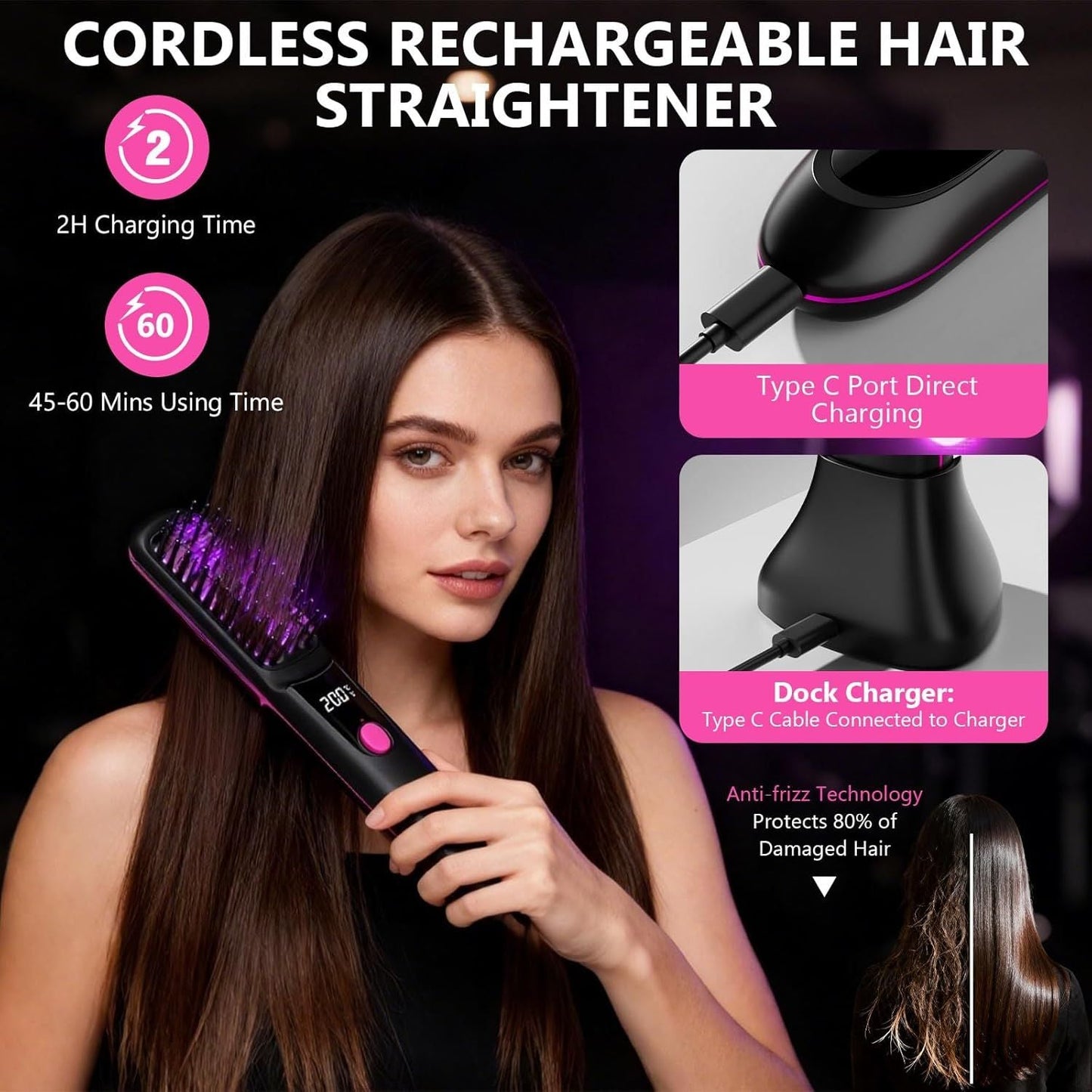 Hair Straightener, Cordless Hair Straightening Brush Portable Cordless Comb with Base Negative Ion Rechargeable Brush for Frizz-Free Shine Straightening, 6400mAh Fast Heating (Black)