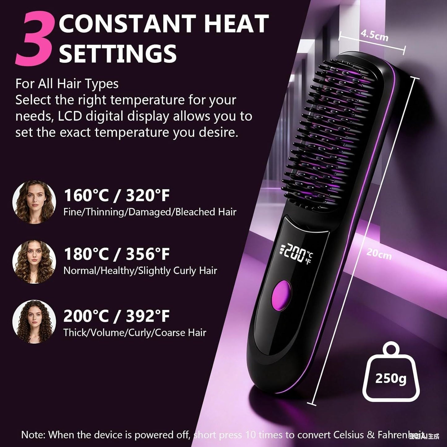 Hair Straightener, Cordless Hair Straightening Brush Portable Cordless Comb with Base Negative Ion Rechargeable Brush for Frizz-Free Shine Straightening, 6400mAh Fast Heating (Black)