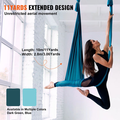 Aerial Silk & Yoga Swing, 11 Yards, Aerial Yoga Hammock Kit with 100gsm Nylon Fabric, Full Rigging Hardware & Easy Set-up Guide, Antigravity Flying for All Levels Fitness Bodybuilding, Green