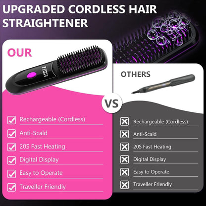 Hair Straightener, Cordless Hair Straightening Brush Portable Cordless Comb with Base Negative Ion Rechargeable Brush for Frizz-Free Shine Straightening, 6400mAh Fast Heating (Black)
