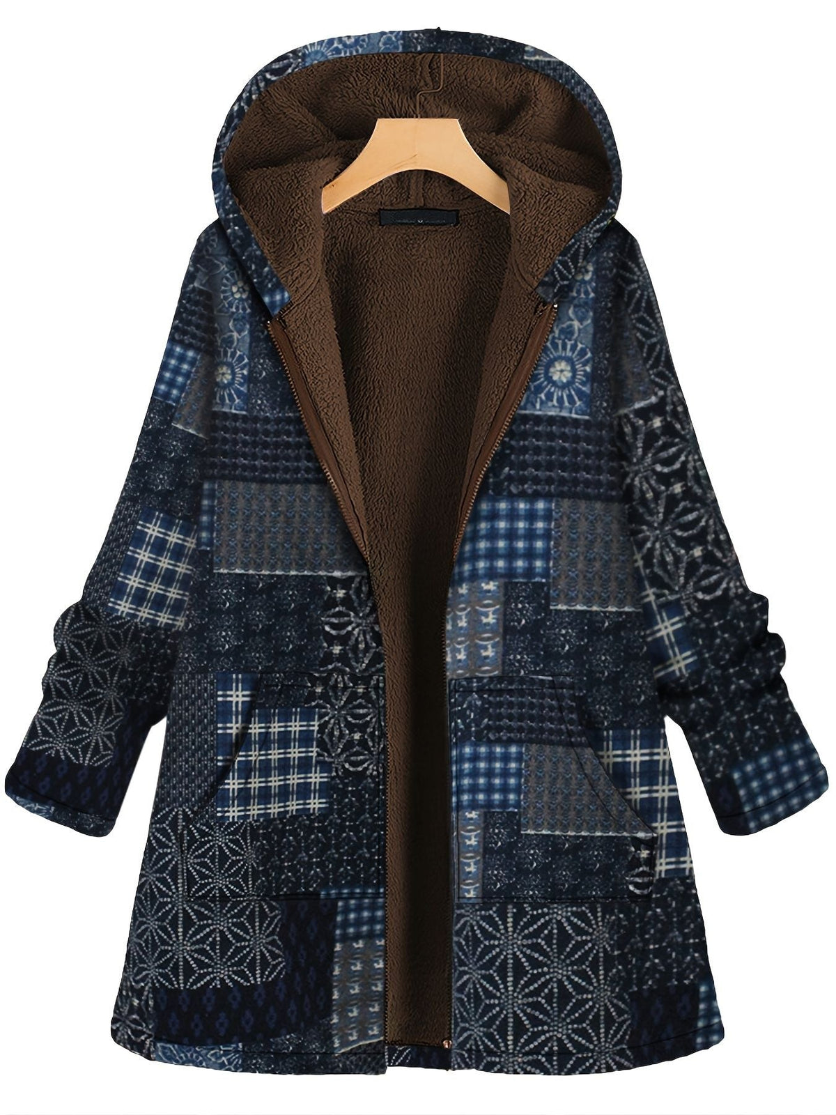 Plus Size Patchwork Print Hoodie Fleece Liner Thermal Coat; Women's Plus Long Sleeve Casual Coat