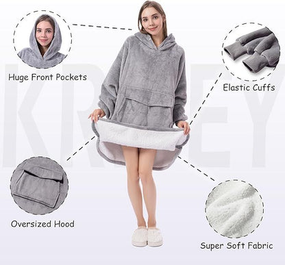 Krifey Wearable Blanket Hoodie, Oversized Sherpa Hooded as Birthday Gifts Christmas Gifts for Mom Women Girlfriend Men, Cozy Sweatshirt with Giant Pocket