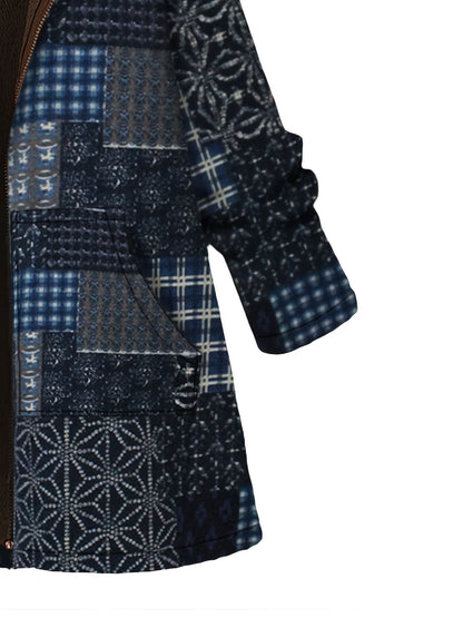 Plus Size Patchwork Print Hoodie Fleece Liner Thermal Coat; Women's Plus Long Sleeve Casual Coat