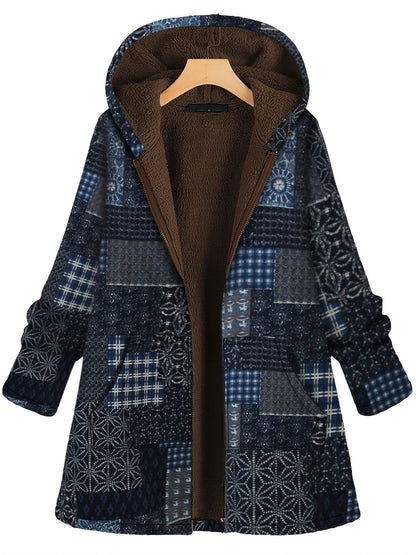 Plus Size Patchwork Print Hoodie Fleece Liner Thermal Coat; Women's Plus Long Sleeve Casual Coat