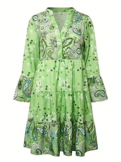 Floral Print Ruffle Hem Dress; Boho Holiday Long Sleeve V-neck Dress; Women's Clothing