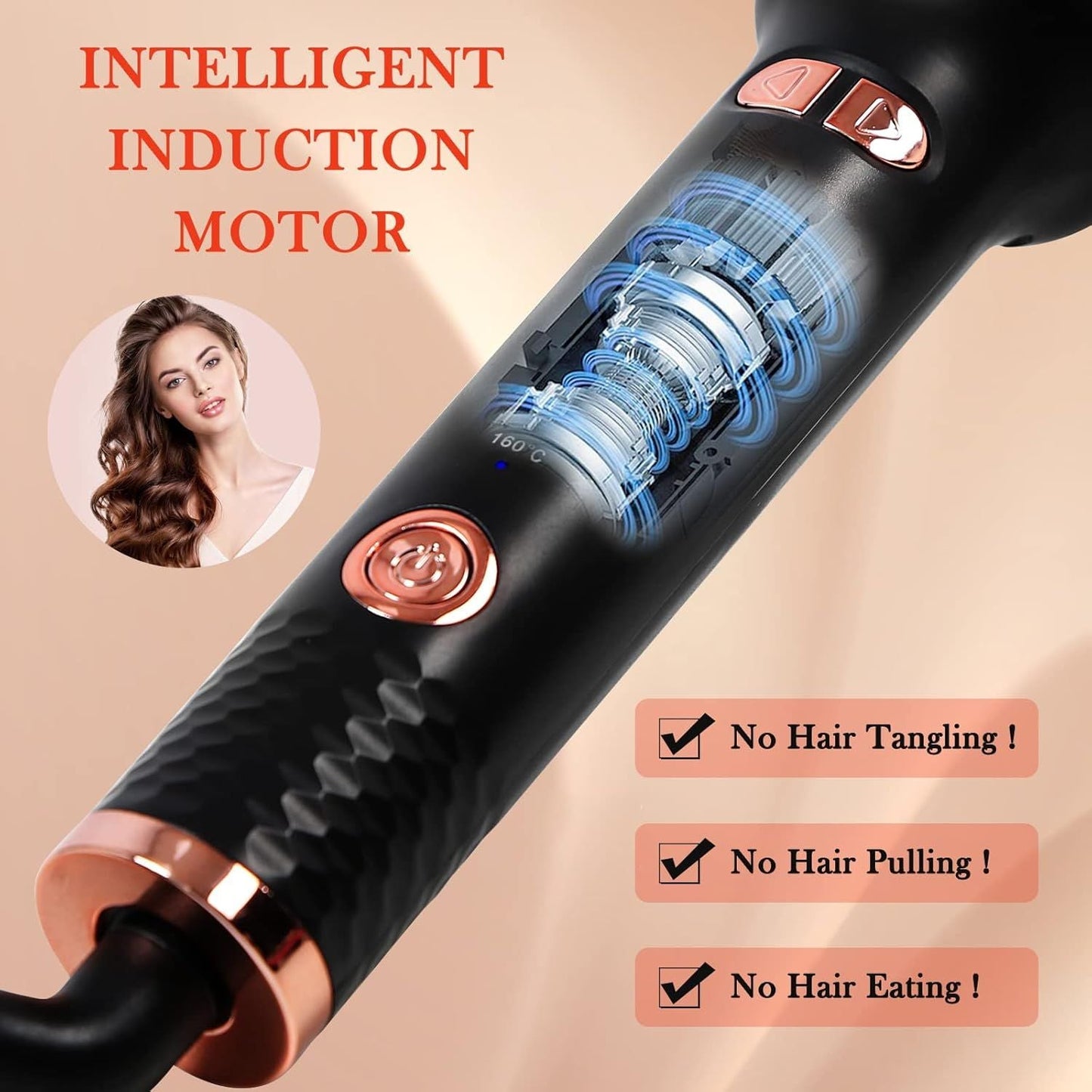 Automatic Curling Iron, Ceramic Ionic Auto-Rotating Hair Curling Wand with Anti-Stuck Technology - Black