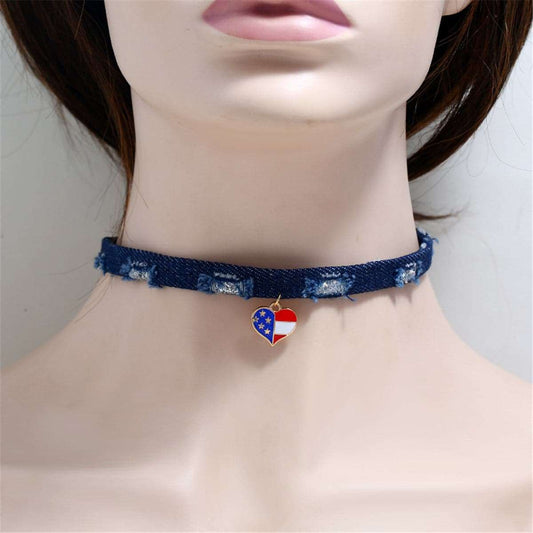 Blue & Silvertone American Flag Heart Choker Necklace