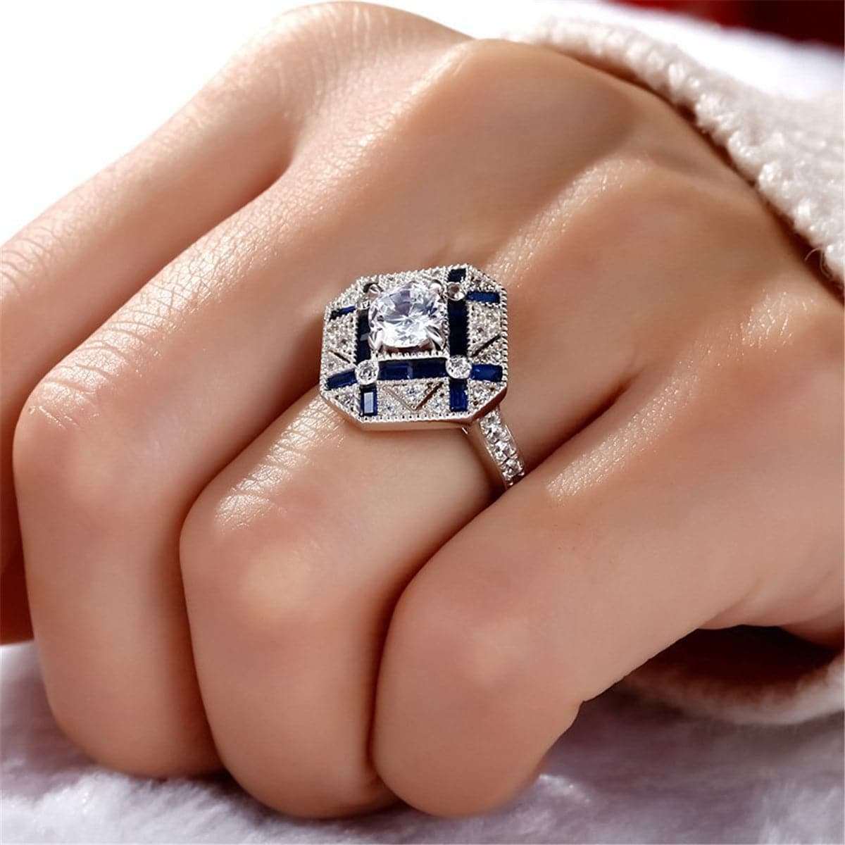 Blue Crystal & Cubic Zirconia Silvertone Shield Ring