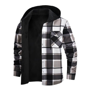 Leo Rosi Men's Hooded Plaid Flannel Fleece Lined Shirt Jacket with Chest Pocket (Black)