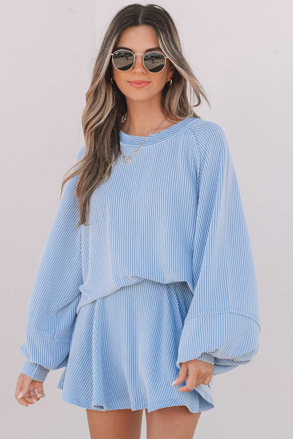 Scarlett Corded Lantern Sleeve Top - Sky Blue / XL - 16/18