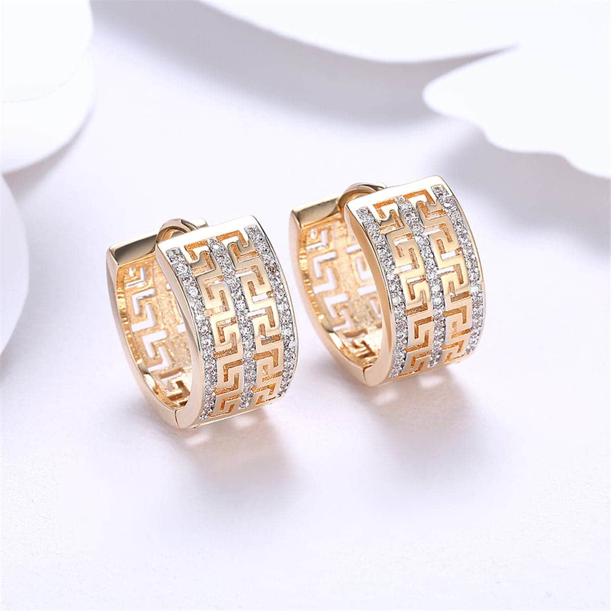 Cubic Zirconia & Goldtone Greek Key Huggie Earrings