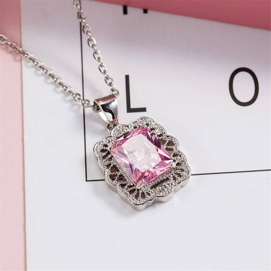 Pink Crystal & Silvertone Filigree Princess-Cut Pendant Necklace