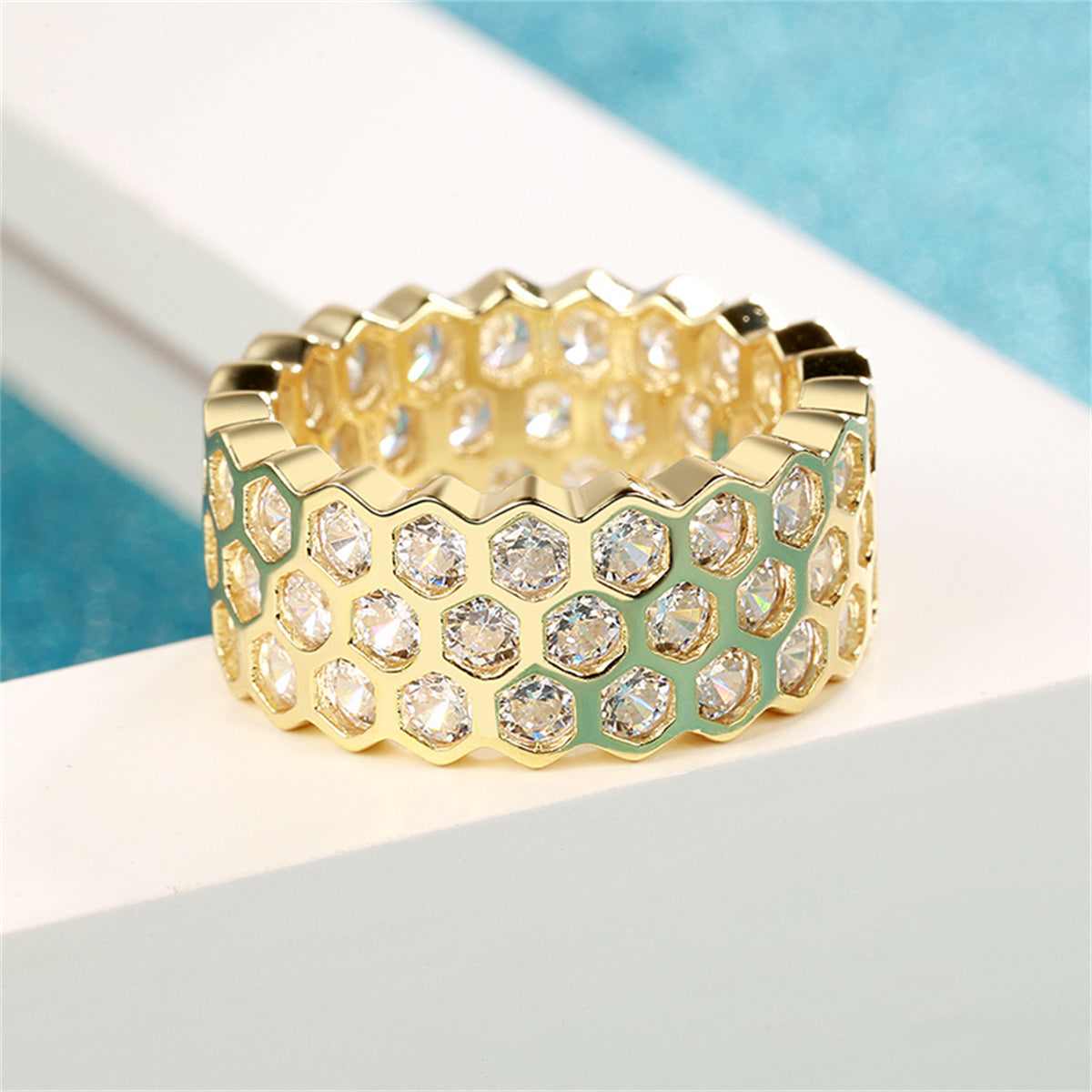 Cubic Zirconia & Goldtone Honeycomb Band Ring-9