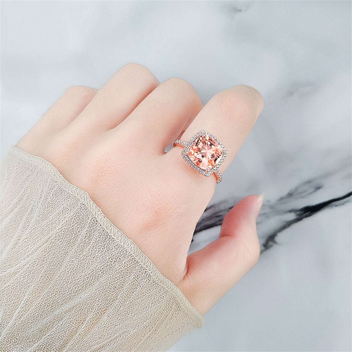 Champagne Crystal & Cubic Zirconia Square Halo Ring-5