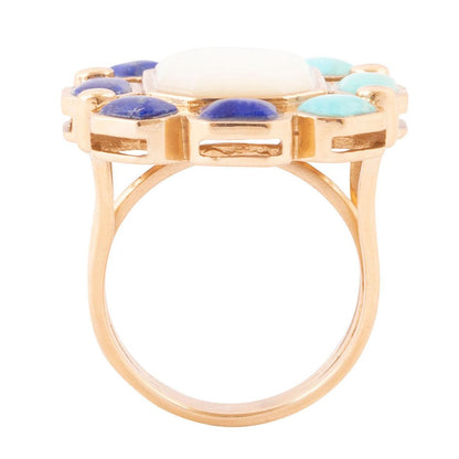 Dual Color Blue Lapis Turquoise and White Mother of Pearl Golden Ring