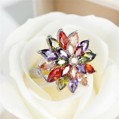 Multicolor Crystal & Silvertone Flower Ring