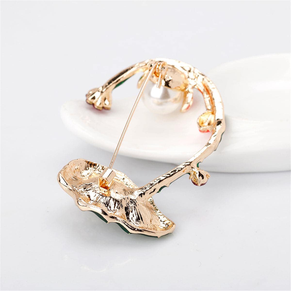 Cubic Zirconia & Pearl Enamel Goldtone Lotus Brooch