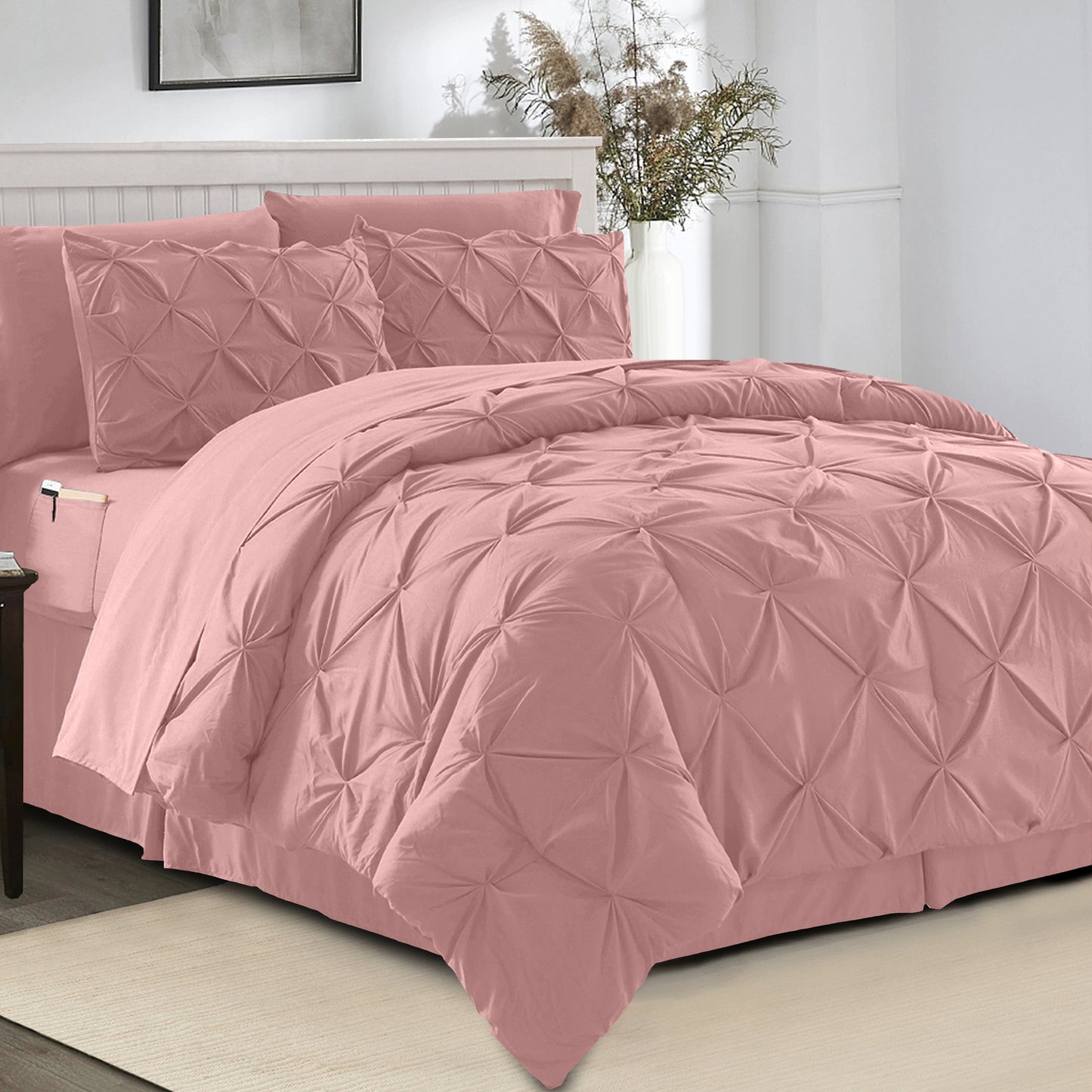 Elegant Comfort 8-Piece Pintuck Pinch Pleated Comforter Set - Includes 4-Piece Sheet Set with Double Sided Storage Pockets