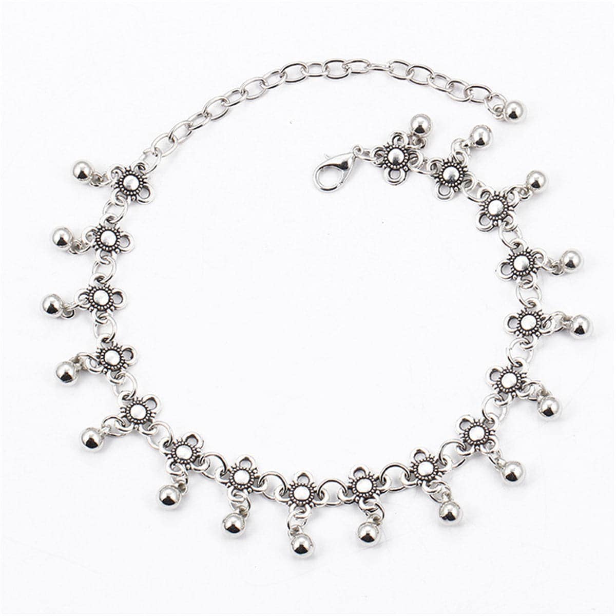 Silvertone Bell Floral Station Anklet