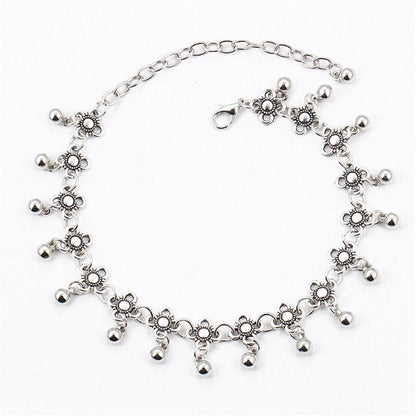Silvertone Bell Floral Station Anklet