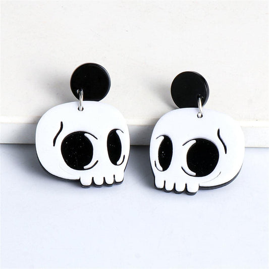 White Acrylic & Silvertone Skull Drop Earrings