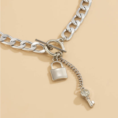 Cubic Zirconia & Silvertone Lock Chain Necklace