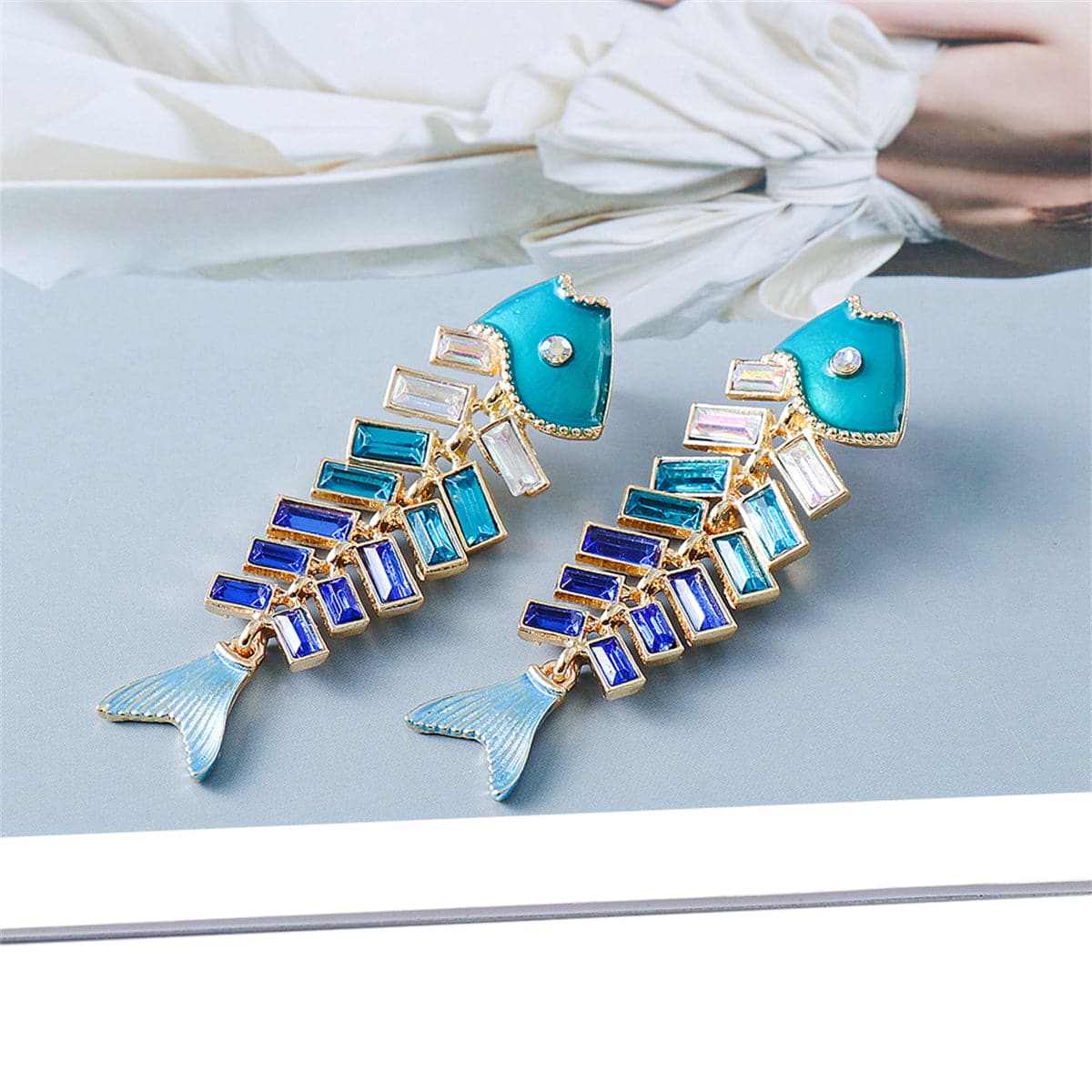 Blue Enamel & Crystal Fish Bone Drop Earrings