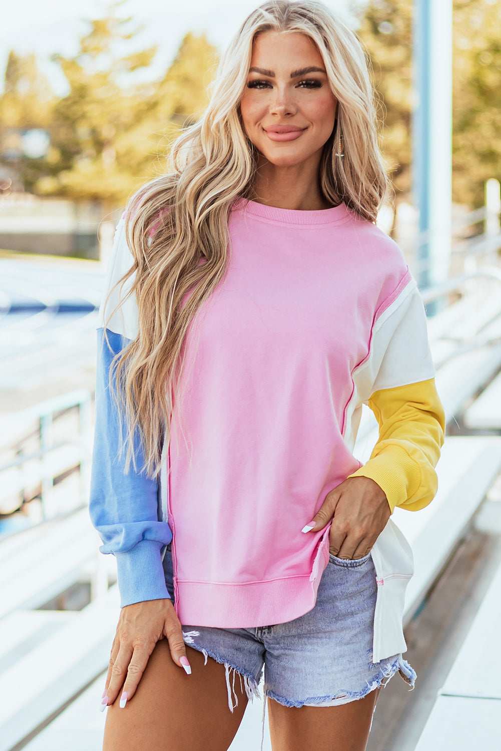Harper Side Slits Crewneck Sweatshirt - Bonbon / M - 8/10