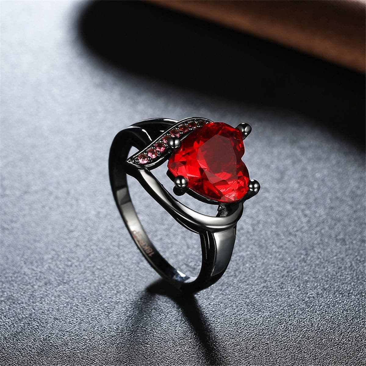 Red Cubic Zirconia & Gunmetal Heart Ring